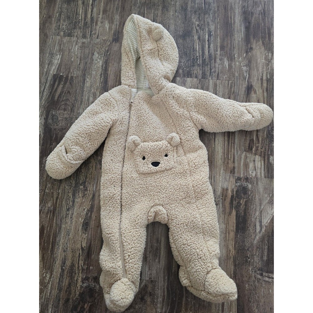 First Wish Baby Bear Sherpa Bunting Snowsuit Hooded Zip-Up Size 9-12 Months...